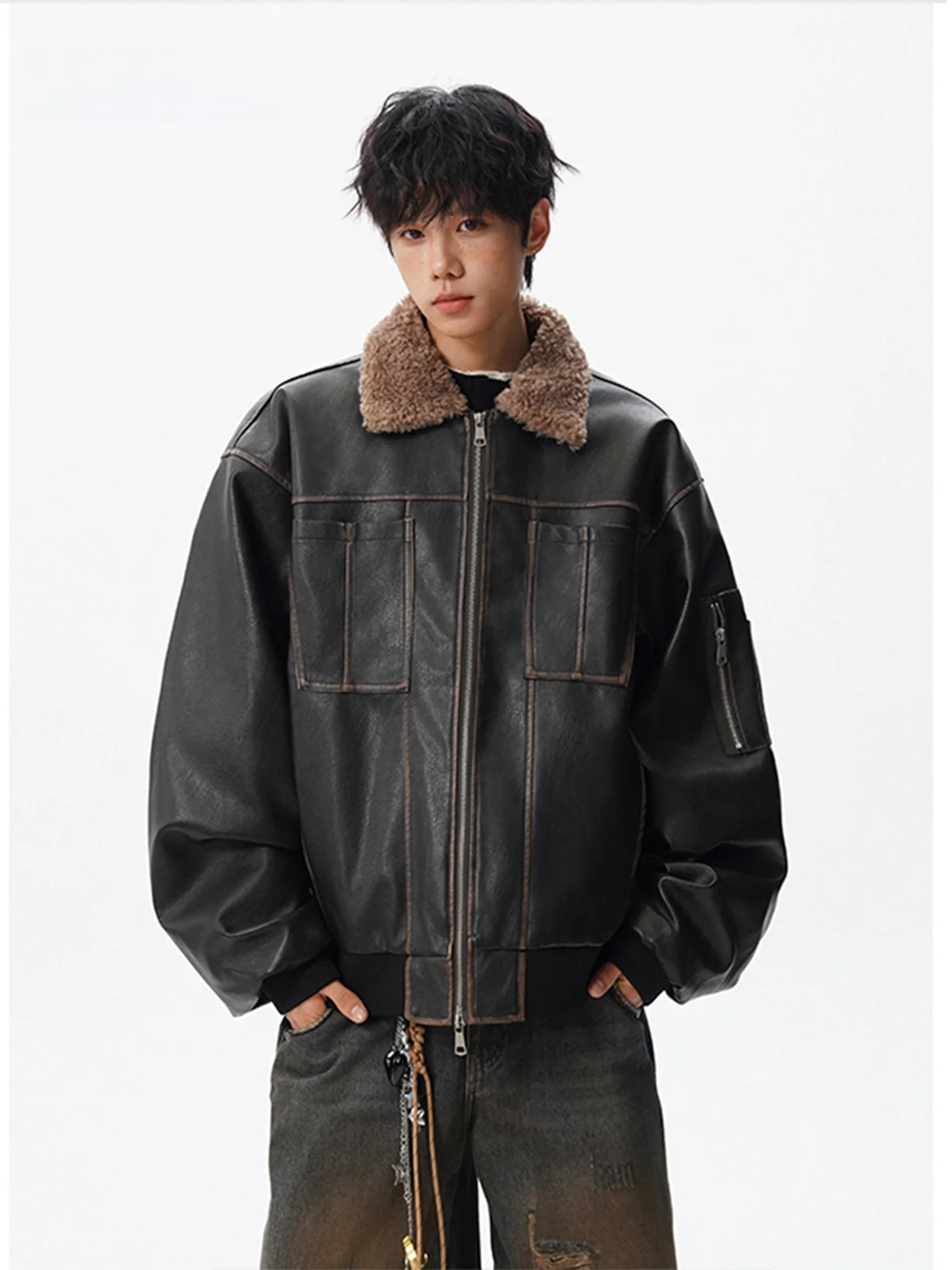 

Retro Brown PU Leather Lamb Velvet Cotton Jaet Loose Sli Warmth Motorcycle Clothes Outerwear for Men And Women