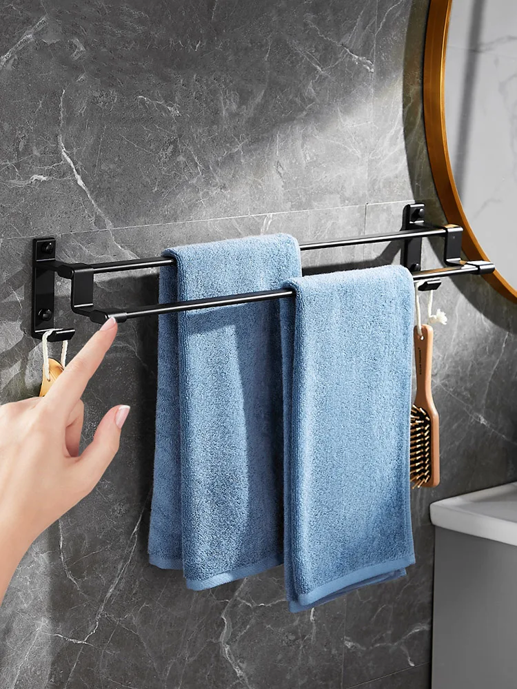 Punch-free Towel Rack Grey Double Pole Towel Holder Space Aluminum Lengthening Light Luxury Bathroom Shelf Bath Organizer