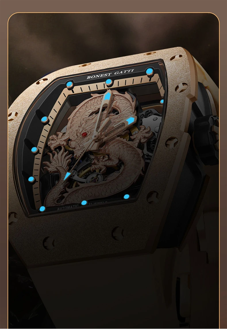 

BONEST GATTI Мужские автоматические часы Tonneau Механические наручные часы 3ATM Сапфировый светящийся полый циферблат с драконом Фторкаучуковый ремешок