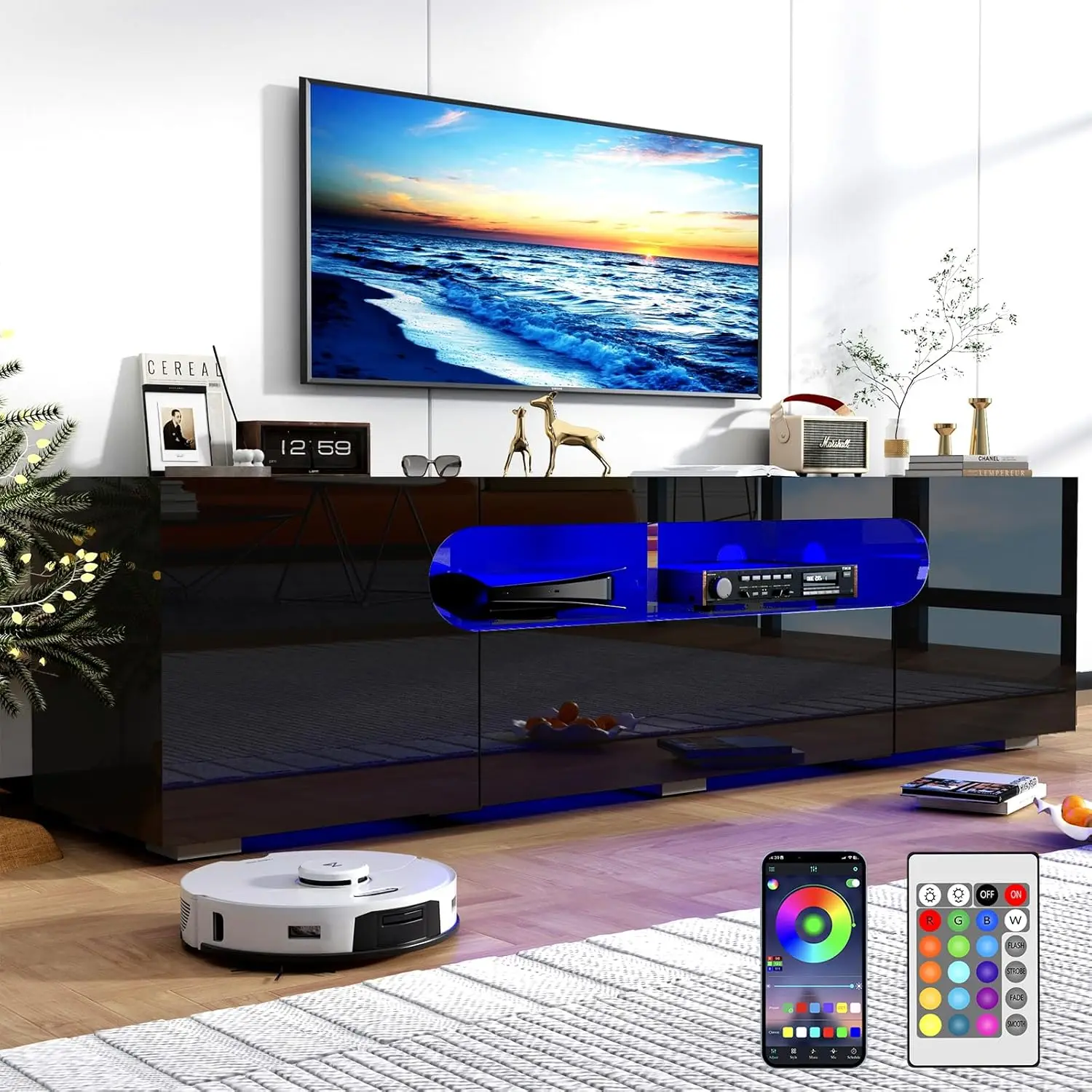 65IN LED TV Stand for 60/65/70inch TV Modern Black Stand for Living Room,High Glossy Entertainment Center with Large