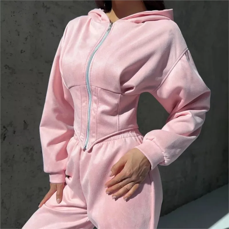 

2025 Autumn/Winter New Solid Color Waist-Cinching Hoodie Stretchable Joggers Two-Piece Set Oversized Cozy Fit for Gym