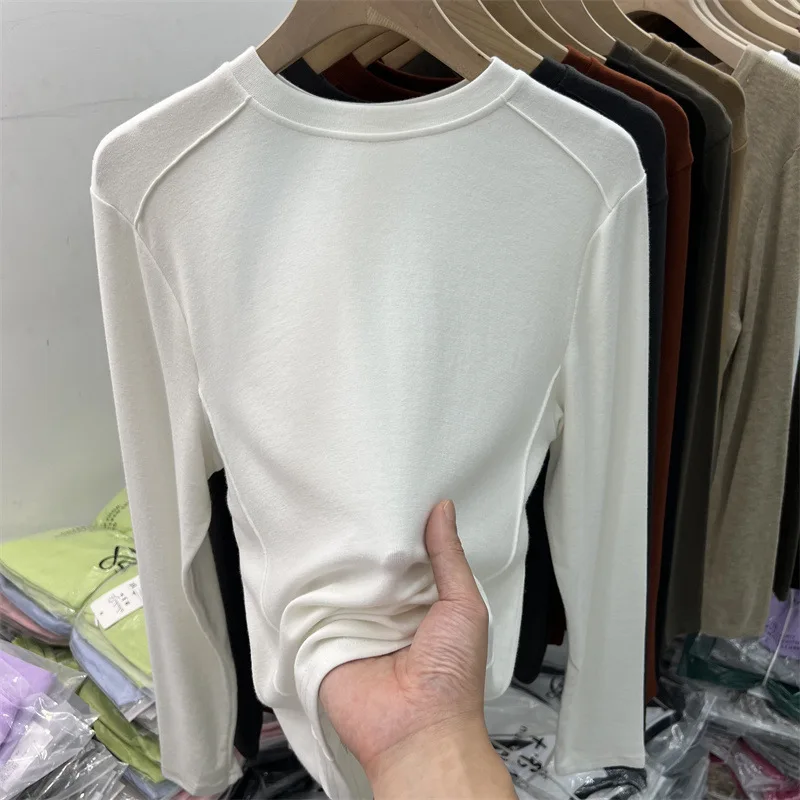 Double-sided Fleece Base Layer Women's 2024 New Autumn/winter Long Sleeve T-shirt Stylish Warm Student Solid Color Top