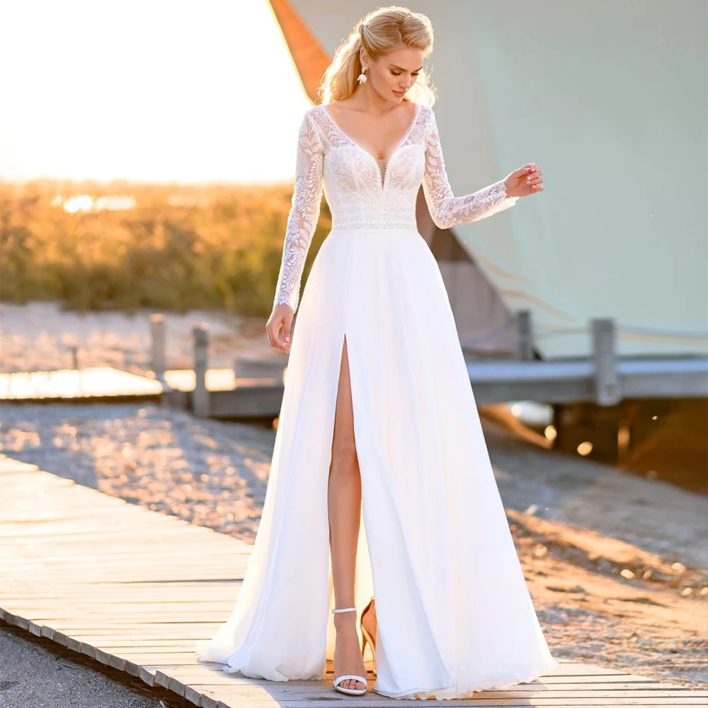 Customized Bohemian Long Sleeve Beach Wedding Dress With Side Slit For Women Sexy V-Neck Lace Chiffon Civil Bridal Gowns Button