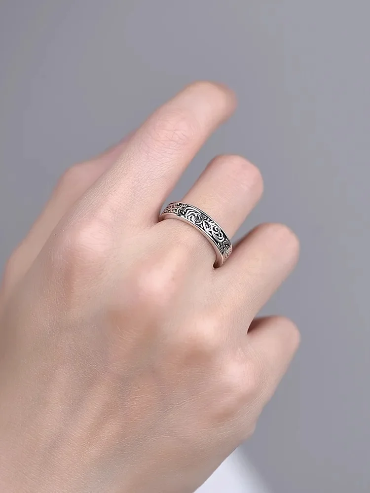New Silver Color Retro Old Tang Grass Pattern Rings for Women Classic French Boys\' Index Finger Ring Gift Gothic Jewelry
