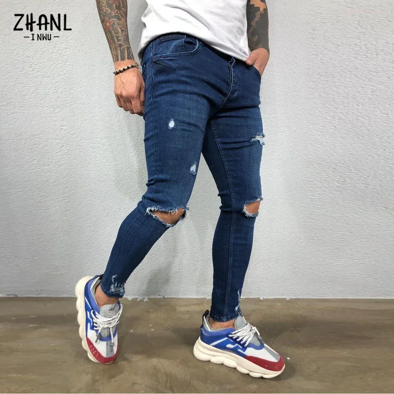 Streetwear Ripped Mens Skinny Pants Broken Man Jeans Joggers Fashion Black Casual Hip Hop Elastic Waist Cowboy Pants Men Clothes