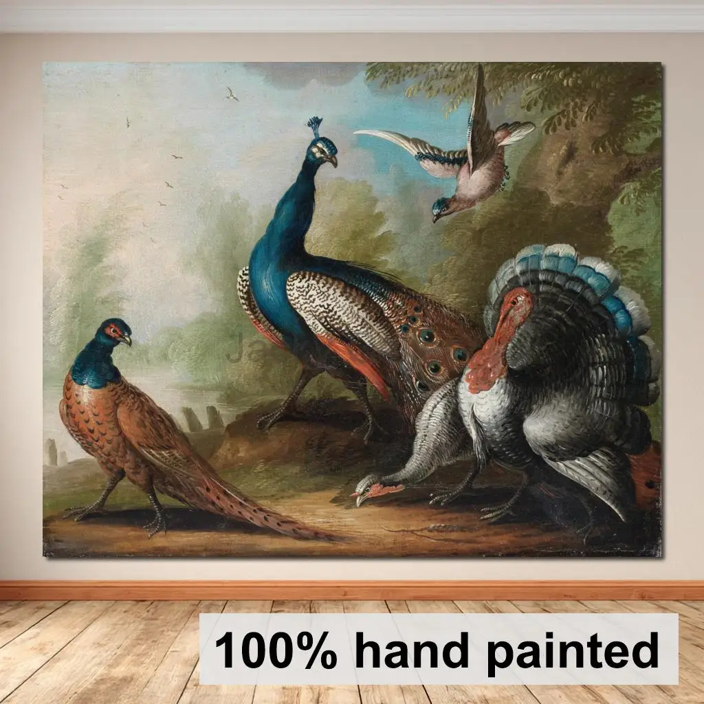 Handmade Classical Landscape Canvas Art Peacock Pheasant Turkey and Jay by River Jakob Bogdany Oil Painting for Bedroom Decor