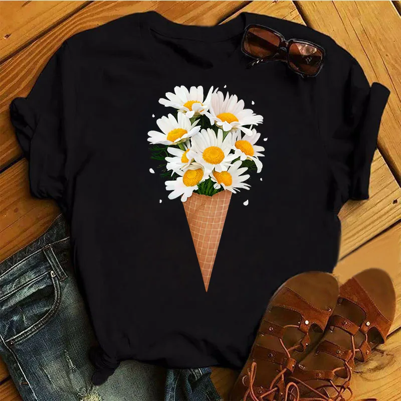 

Flower Ice Cream Graphic Printing Summer Luxury Brand Cotton Men's and Women's T-shirt Short Sleeve Street Fashion Trend