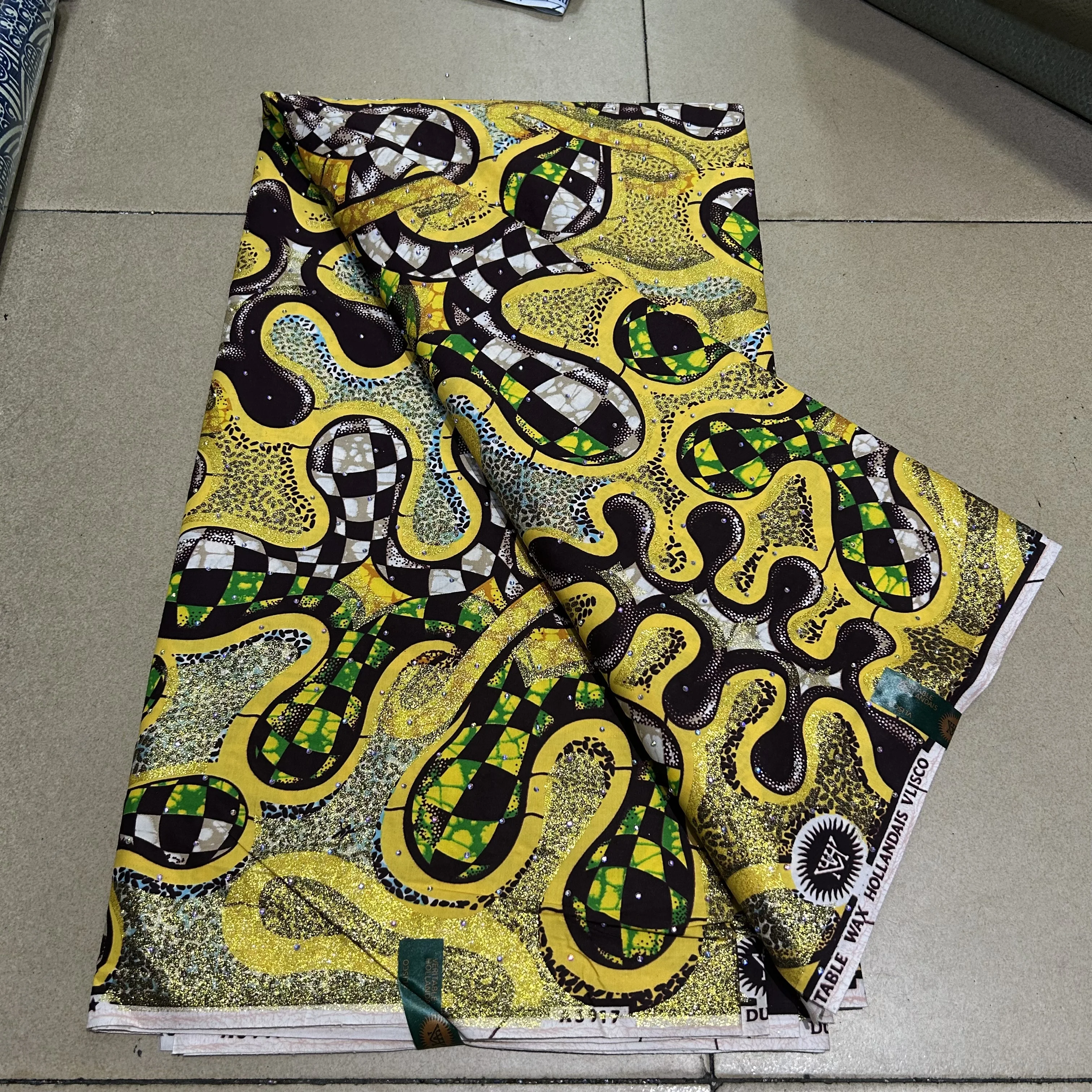 

Африканские золотые восковые принты со звездами, хлопковый воск, роскошная блестящая восковая ткань Анкара, женское платье, набедренная повязка, 6 ярдов