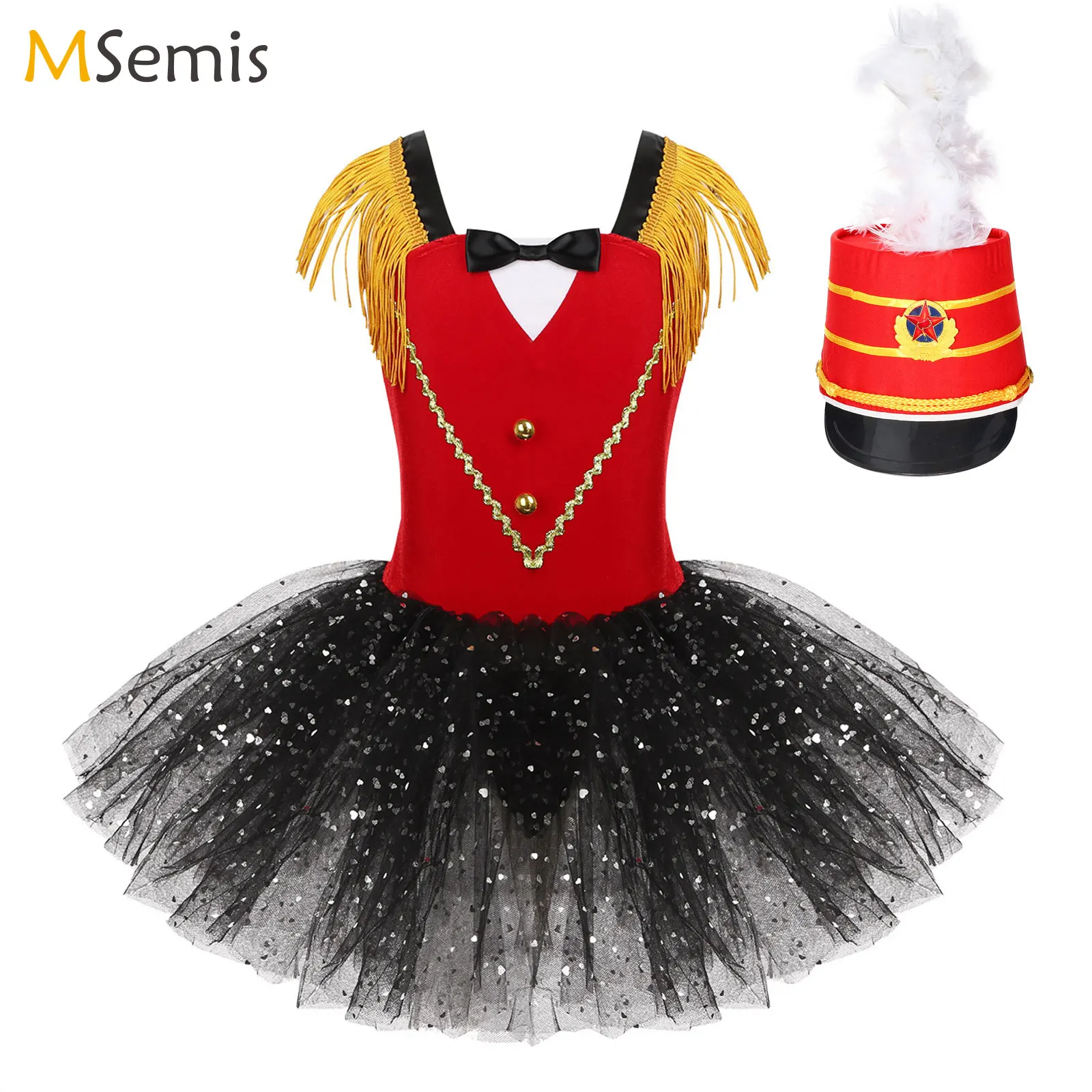 

Circus Flag Raiser Honour Guard Costume Set Tutu Leotard Dress Feather Hat for Halloween Cosplay Performance Dress Up 16Years