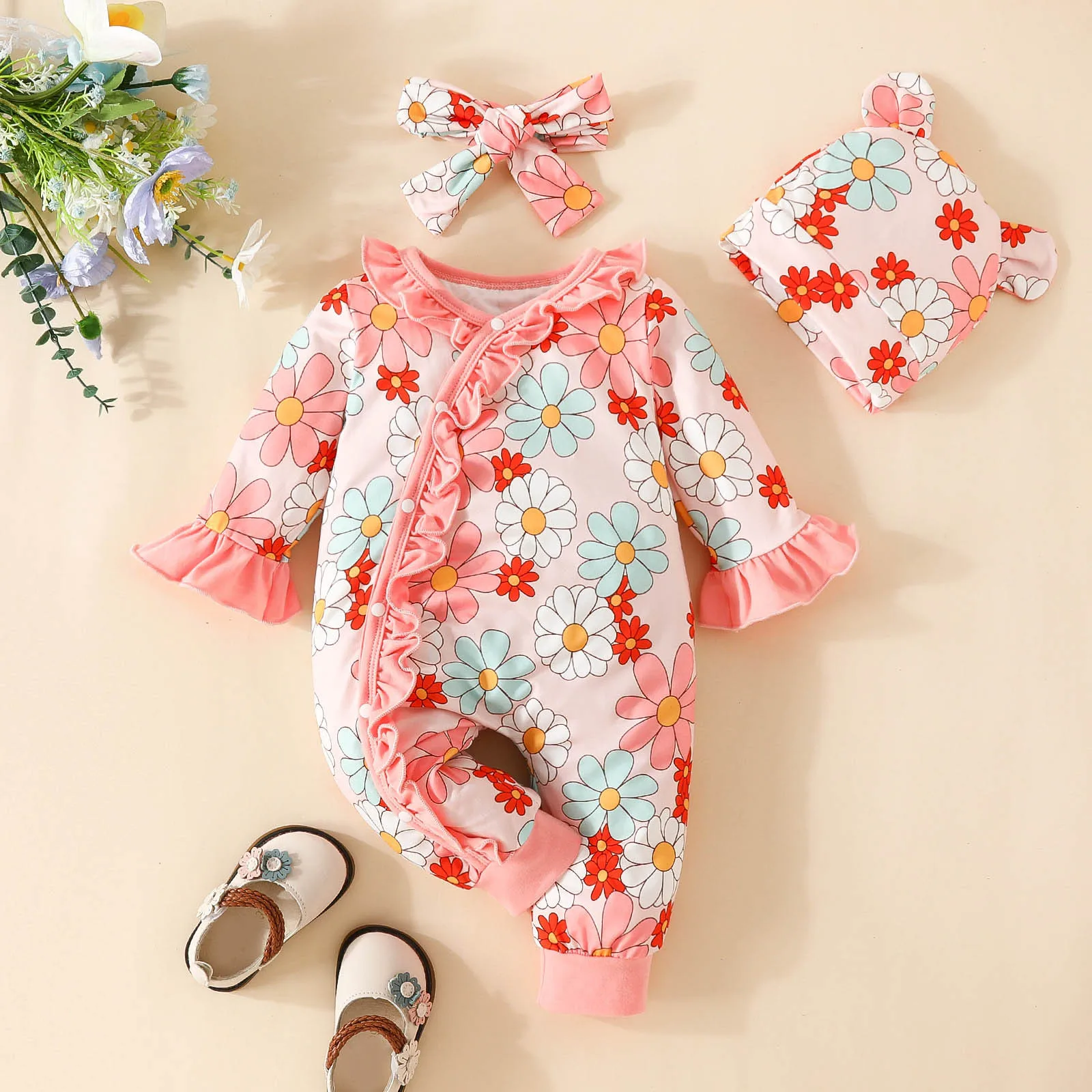 0-18Months Newborn Baby Girl Clothes Romper Outfits Flared Sleeve Floral Ruffle Bodysuits Hat with Hairband Toddler Gril Costume