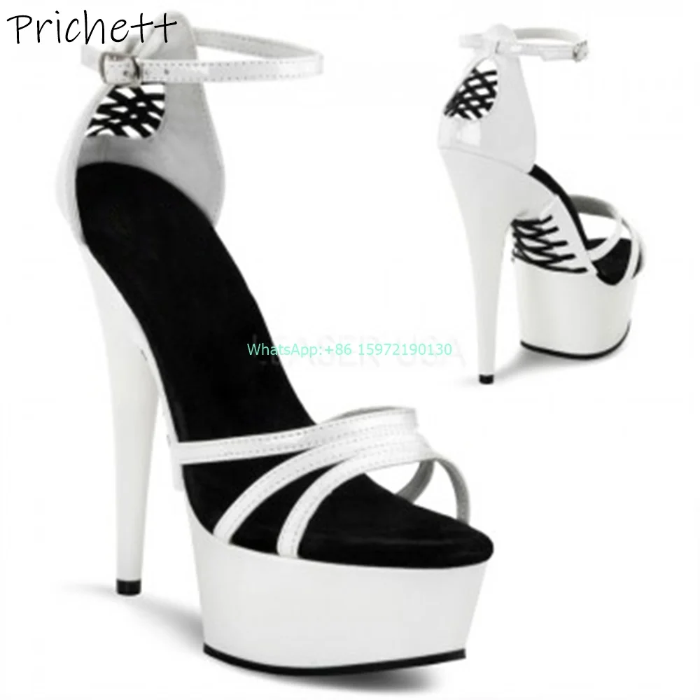 

15Cm Sexy Runway Sandals Hollow Cross Tied Straight Strap Round Toe Thin Heels Ankle Band Shoes Platform Model Photo Sexy Shoes