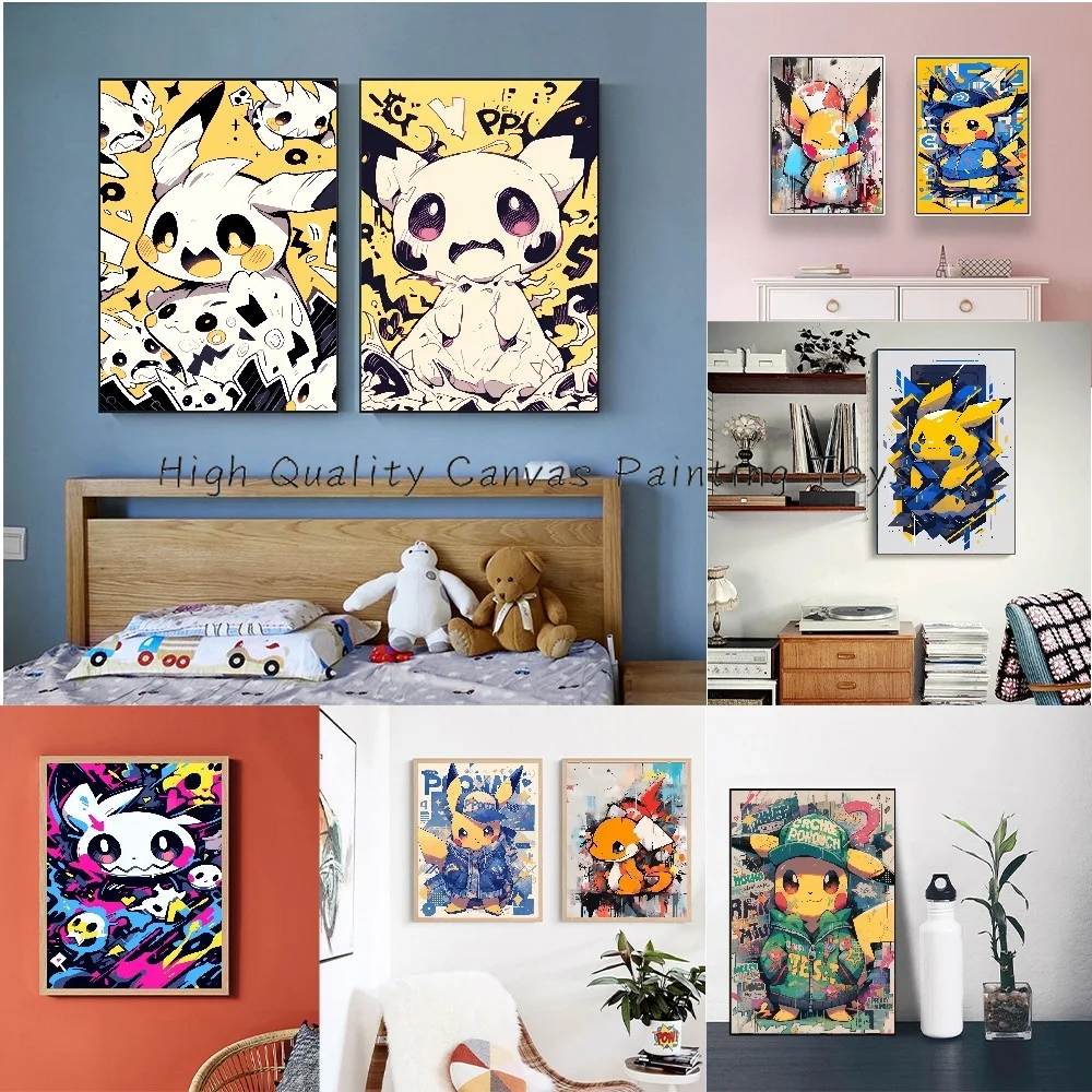 Graffiti Style Pokemon Anime Figures Pikachu Fashion Decorative Canvas Painting Wall Poster Art Living Room Bedroom Picture