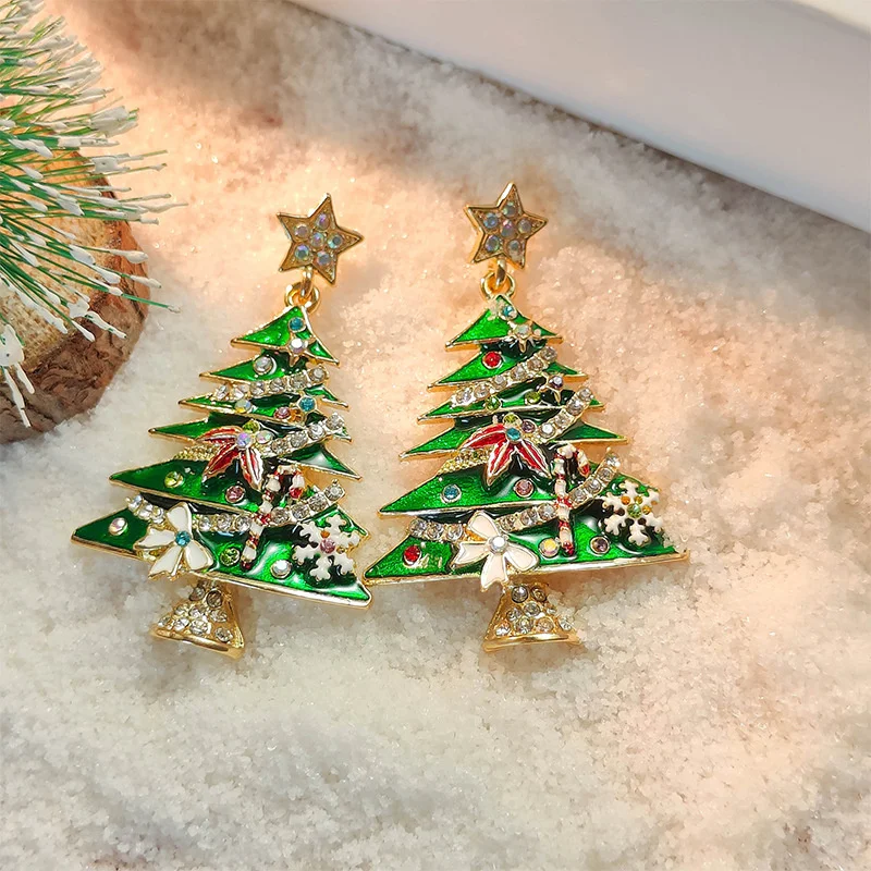 Green Christmas Tree Zircon Crystal Star Earrings Stud For Women Dangle Xmas Party Jewelry Party Gift