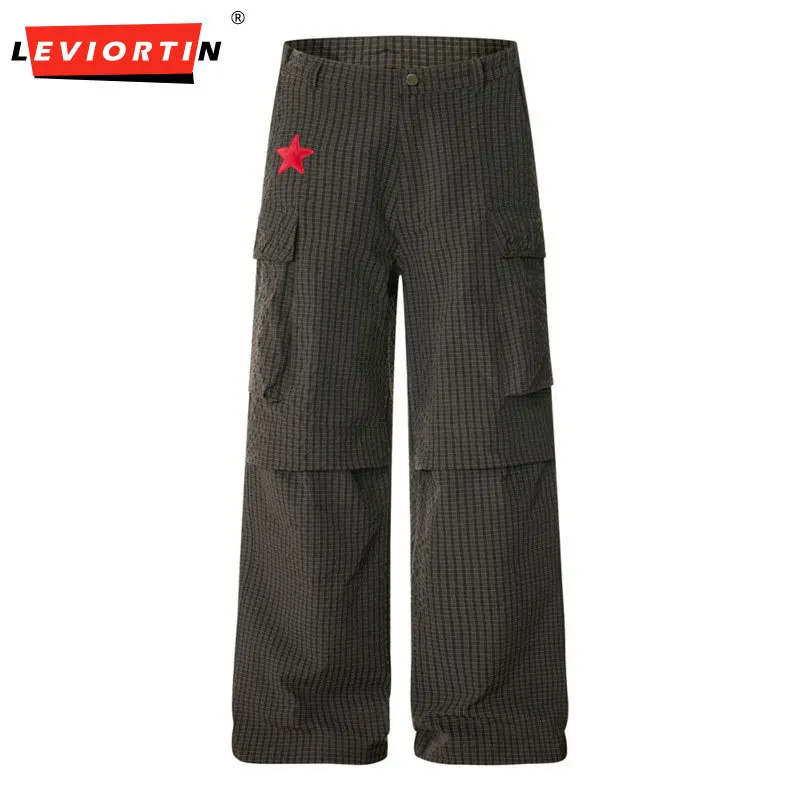 

Men's American retro fashion brand street letter sticker embroidery design with grid pattern loose wide leg workwear pants