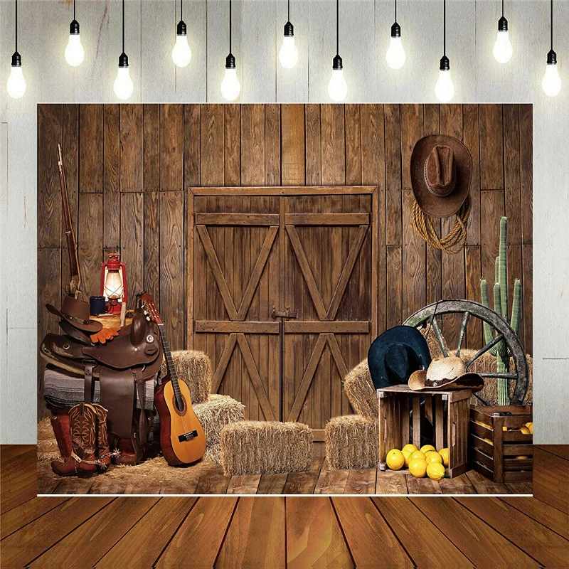 Western Cowboy Photography Backdrop Farm Wooden Door for Child Birthday Party Background Warehouse Barnyard Photo Booth Banner