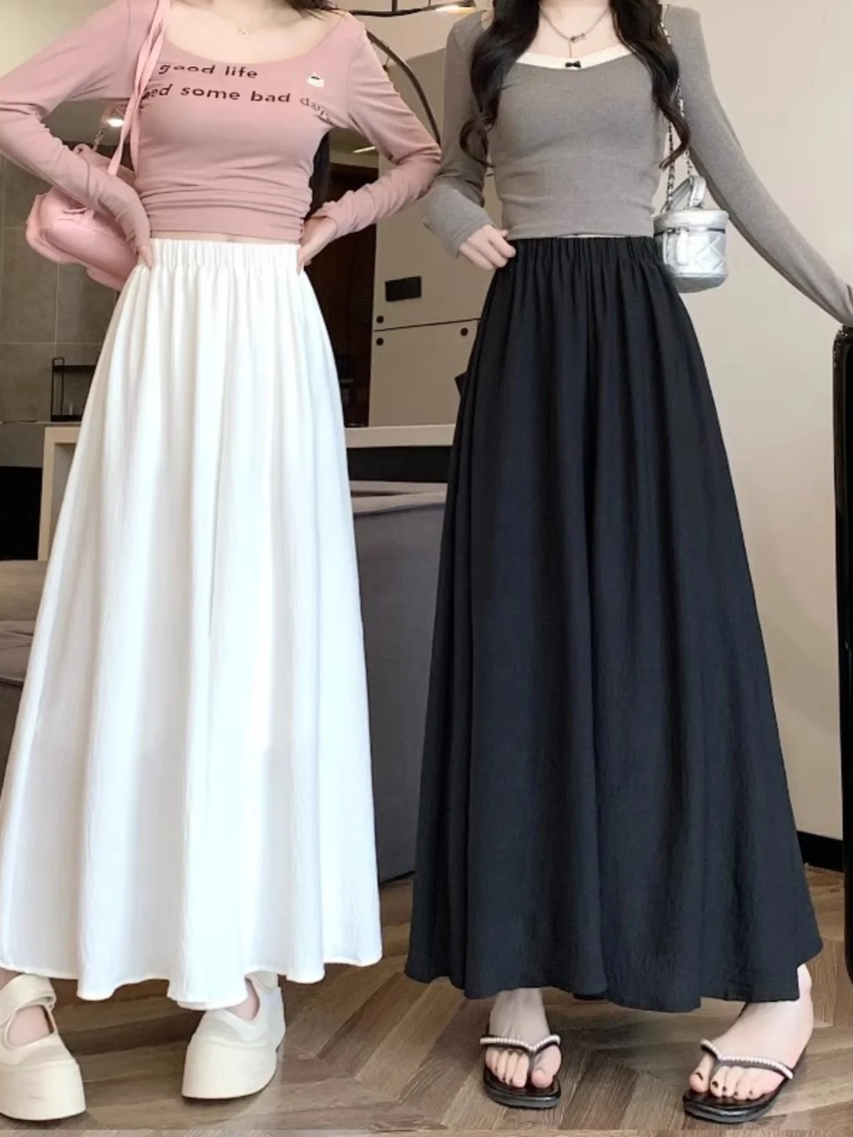 White Wide Leg Skirt Pants Women's Autumn Small Size Pleated A-Line  Skirt High Waist Drapey Straight Leg Casual Trousers