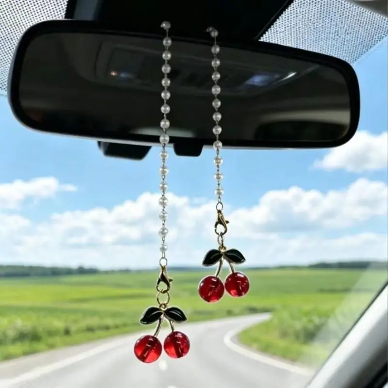 【MO】1Pcs Car Rearview Cherry Mirror Pendant Cute Auto Interior Decor Gifts For Women