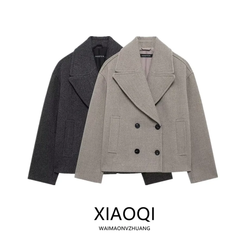 Women's Faion Double-breasted Wool Collar Long Sve ort Coat New Autumn Winter Commute Sle 00% Other Material