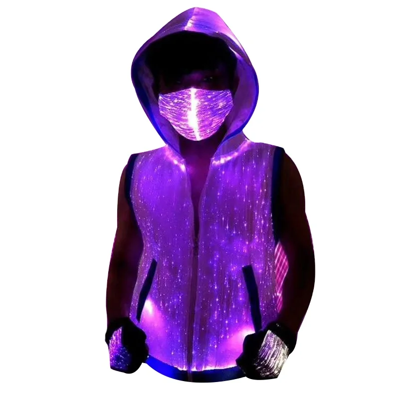 Fashion Luminous Black Light Emitting Diode Fiber Optic Hoodie Sleeveless Rave Clothing Light Up Men's Luminous Hoodie