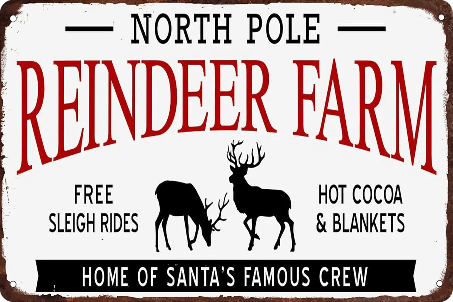 ICRAEZY North Pole Reindeer Farm Metal Tin Sign Funny Christmas Signs Santa Wall Art Decor for Home Cafe Bar Party 8x12 Inch