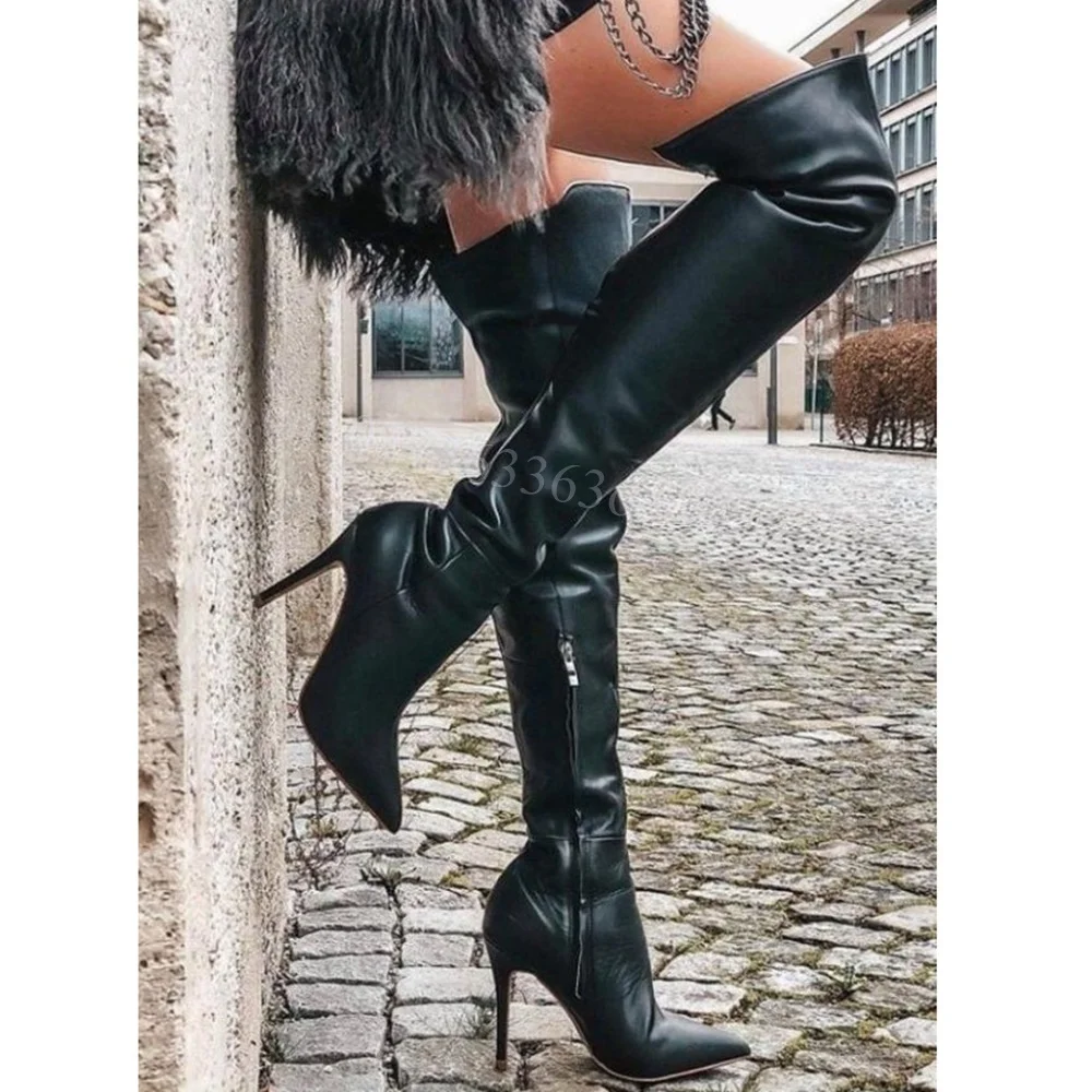 Bottes en cuir noir mat, chaussures Sexy à bout pointu sur le genou pour femmes, talons hauts fins, chaussures à la mode, 2025 Zapatos Para Mujere