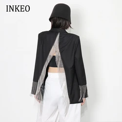 Sexy Club Women Tassel blazer jacket Spring Summer Black Fashion Split design Hollow out Coat Loose Ladies 2022 New INKEO 1O277