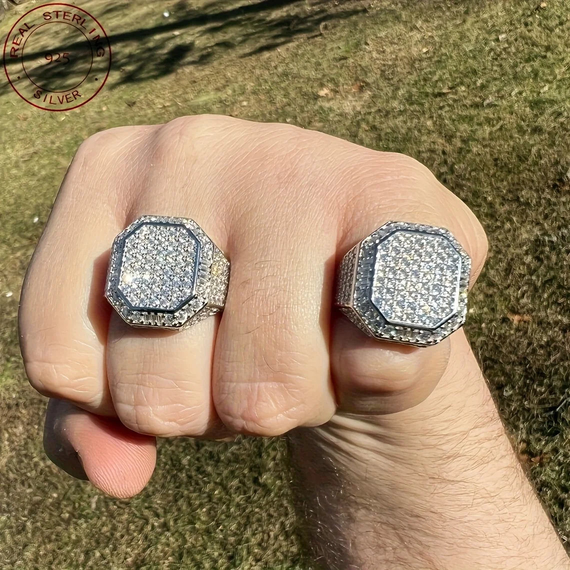 2025 جديد عصري للرجال مثلج خارج الزركون المثمن الهيب هوب العنقودية الخنصر الصلبة 925 فضة خاتم الزواج الفرقة