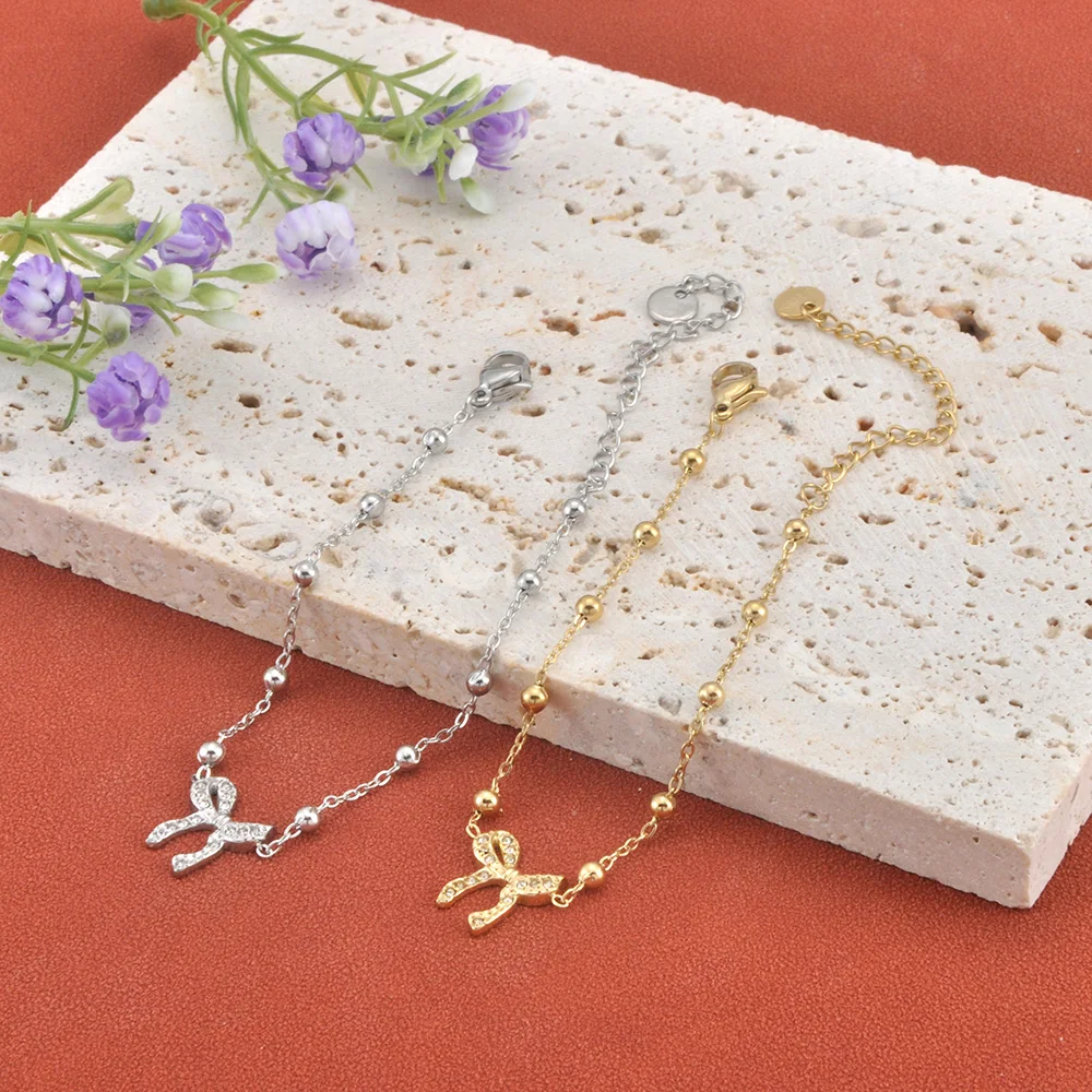 Lokaer 316L Edelstahl Zirkon Schleifenanhänger Armband für Damen Mädchen Vergoldet Modisch Wasserdicht Täglicher Schmuck B25222