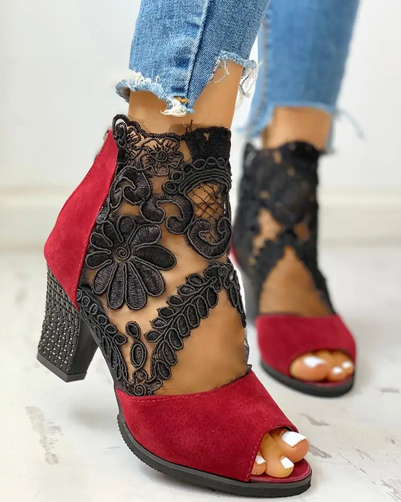 2022 New Fashion Women\'s Summer Sandals Casual Elegant Middle Heel Women\'s Shoes High Heels Mesh Lace High Heels Large Size 42