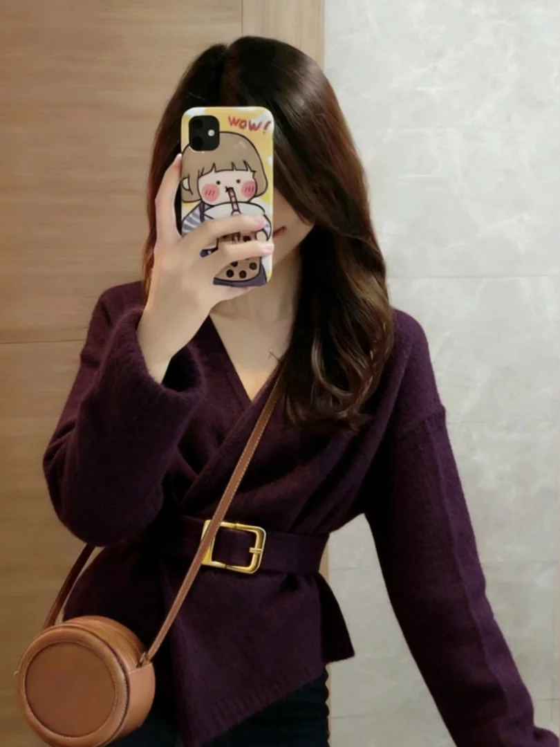 

Off-oulder V-Ne Women's Knitwear Purple Asymmetrical Hem Design Spring Season Tied Waist Unique Sle Sweater