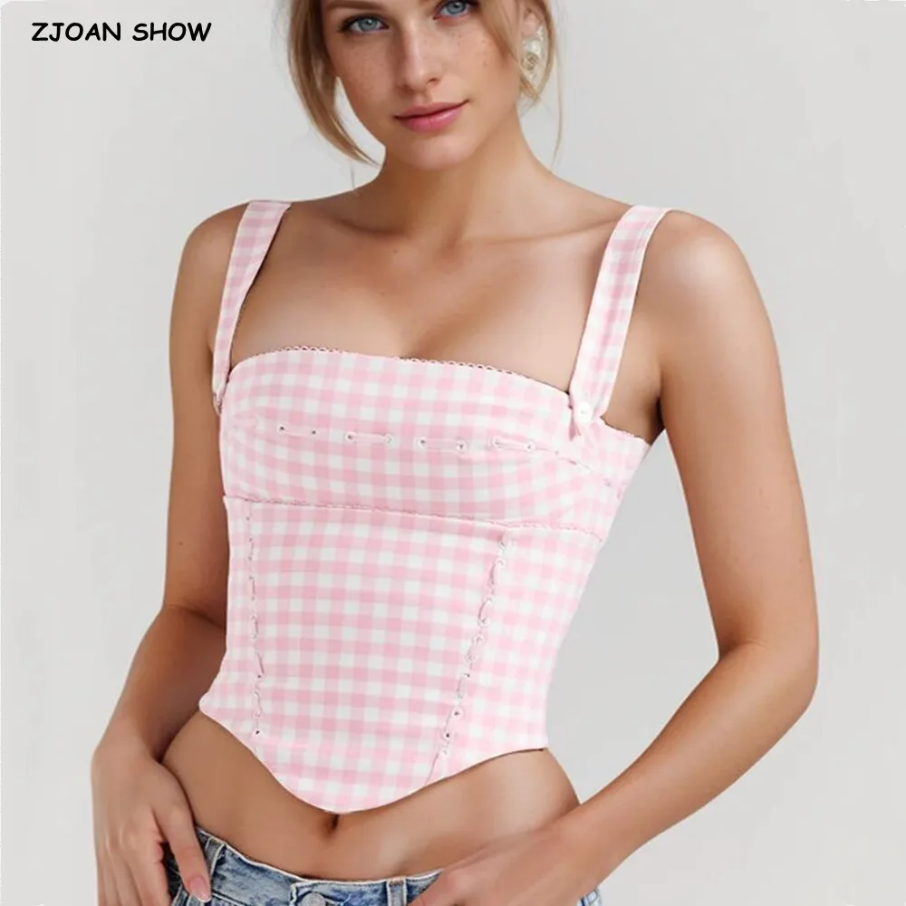 

2024 Sexy Pink White Plaid Slash Collar Tank Women Cross Ribbon Eyelet Hole Slim Camisole Back Zipper Crop Top Bra Tank Vest