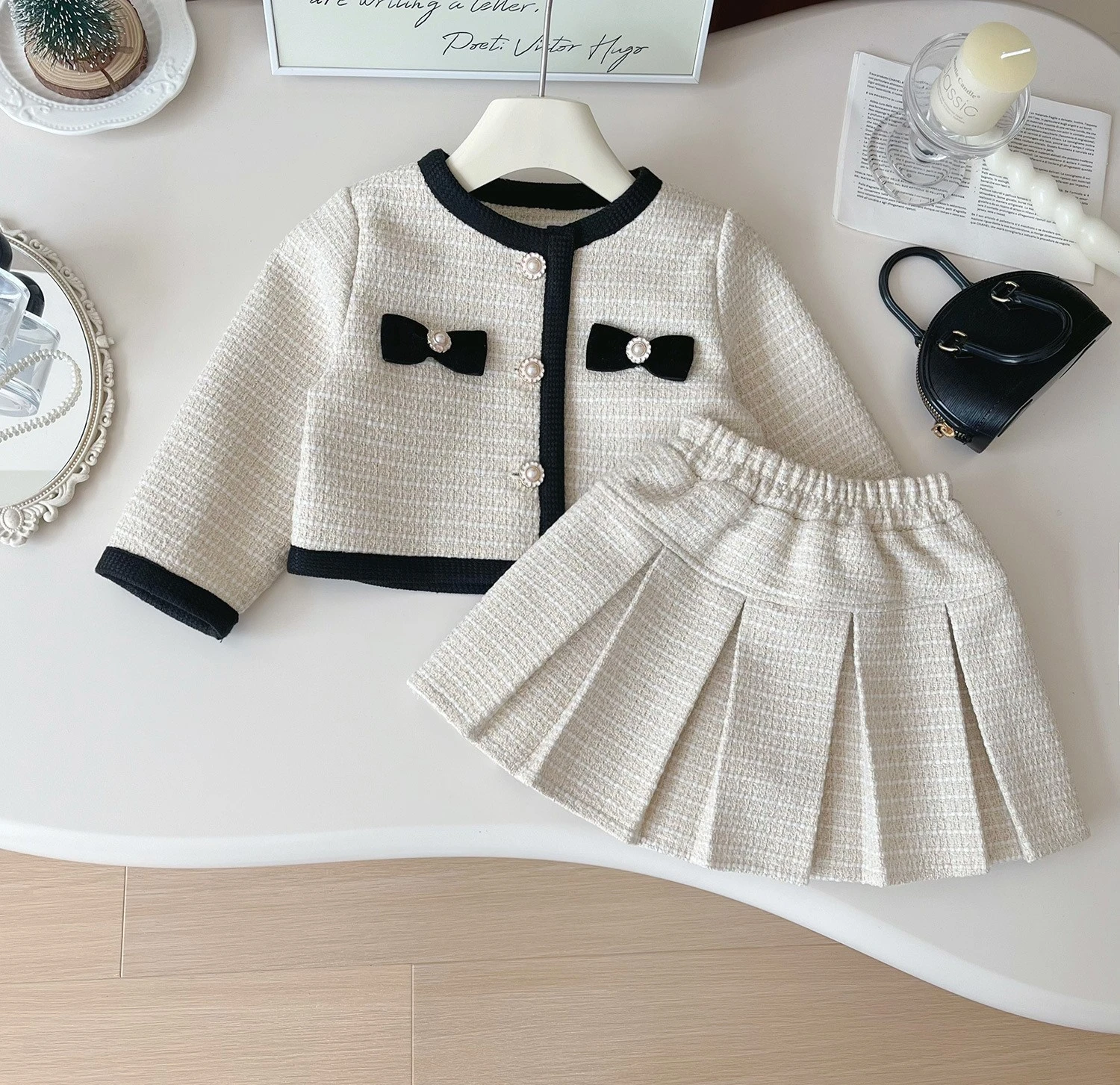 2024 Autumn New Korean Girls Small Fragrant Style Cardigan Skirt Set Baby Temperament Coat Short Skirt Two Piece Set