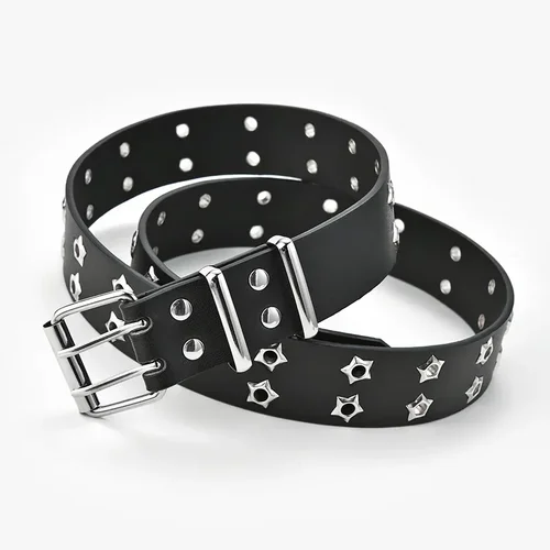 Imagen 2 del producto Cinturón de cadena estilo Punk negro café, hebilla ajustable de estrella hueca con doble botonadura, hebilla de Metal, pretina vaquera de cuero para mujer
