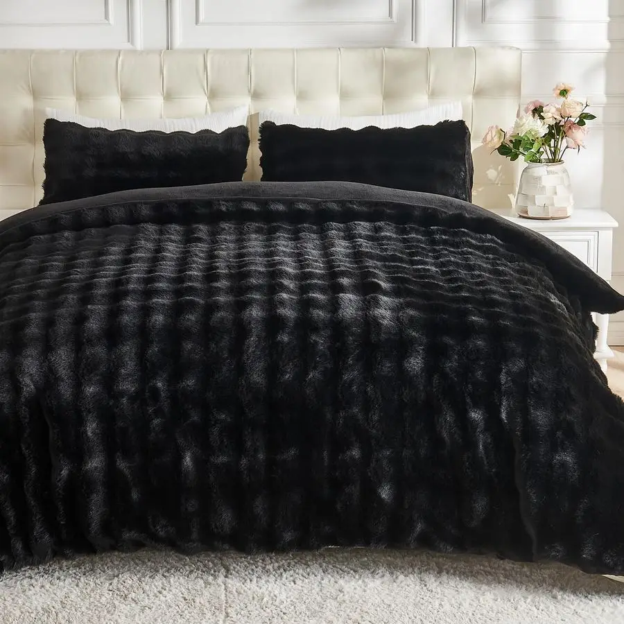 

Fluffy Comforter Set Cover SetRabbit Fluff Faux Fur Duvet Cover King Size,Black Plush Fuzzy Furry Bedding Sets 3Pieces1 Duvet Co