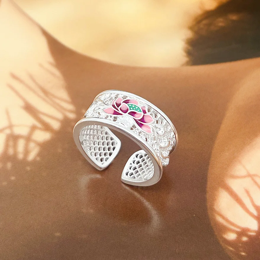 Silver New Chinese Style National Style National Style China-Chic Lotus Food Adjustable High Level Versatile Women's Jewelry