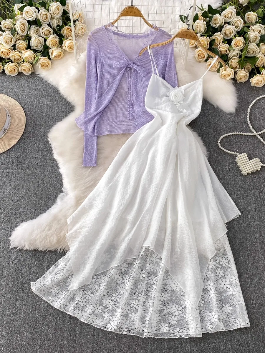 

Foamlina Purple Lace Tie Long Sleeve Sun Protection Cardigan Set Fairy White Floral Halter Dress 2 Piece Dress Set for Women