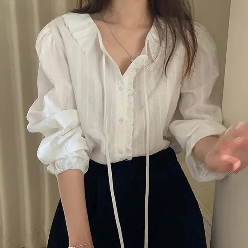 

Fotvotee Elegant Shirts For Women Simple Pleated Lapel Lace Up Long Sleeve Blouse 2025 New Fashion Sweet Vintage Female Y2k Tops