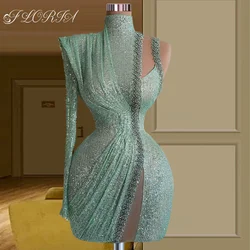 Plus Size Solid Color One Shoulder Glitter Sequin Evening Dress Green High Neck Short Prom Dresses Cocktail Gowns robe soirée