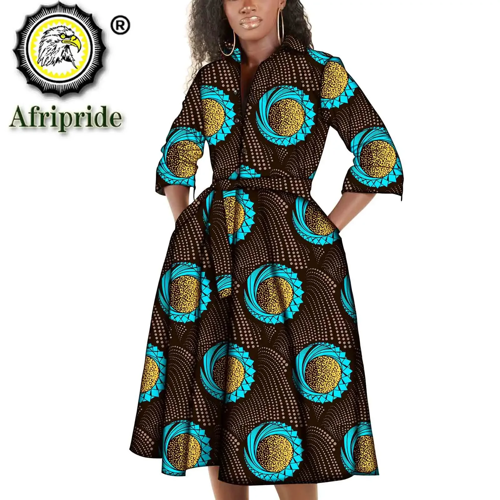 Robe mi-longue à imprimé africain pour femmes, avec ceinture, grande taille, vêtements africains, poches, en coton, Bazin Riche, S2025068