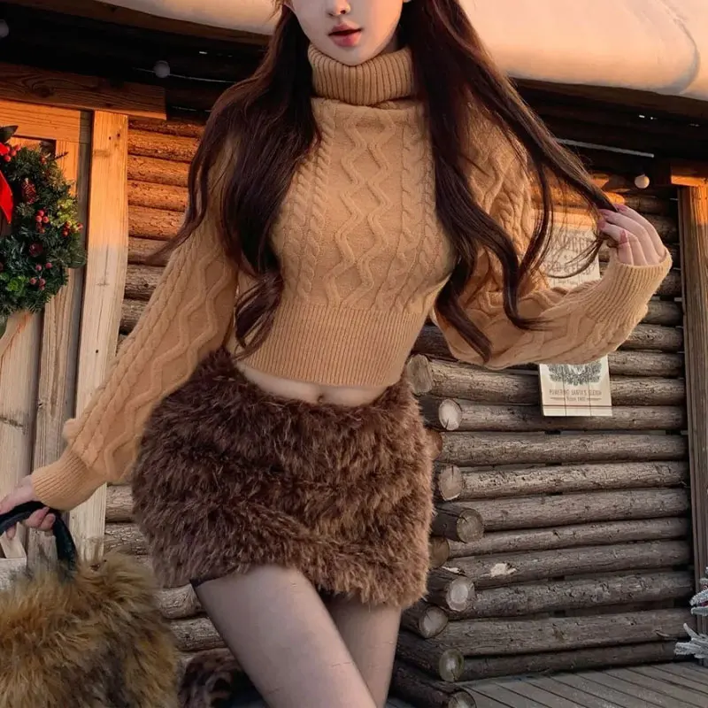 Pakaian Wanita Pullover Rajut Pendek Kerah Tumpuk Modis Warna Solid Musim Gugur Musim Dingin Kasual Lengan Panjang Sweater Vintage