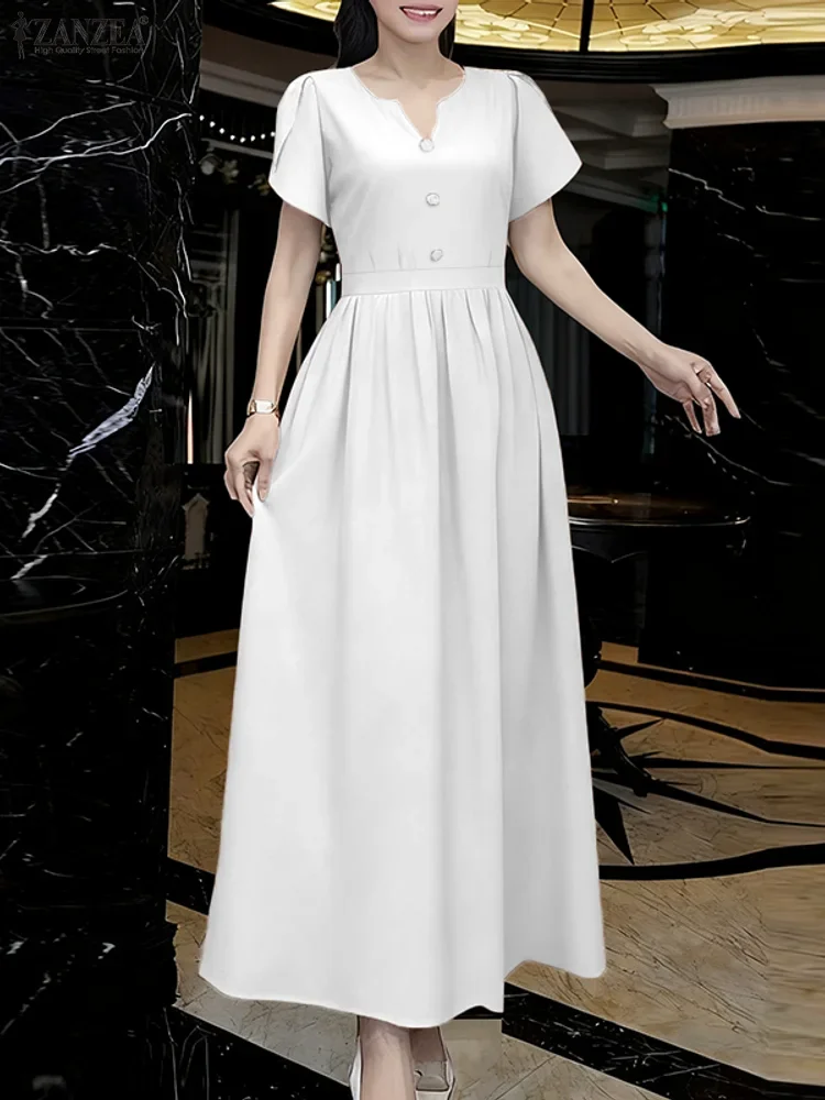

ZANZEA Womens Elegant A-Line Party Dresses Heart-Shaped Collar Petal Sleeve Fitted Waist Maxi Long Dress Wedding Guest S-3XL