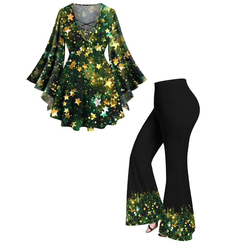 Flare Sleeve Top and Flare Pants Set for Women, Casual Matching Set, Sparkling Sequin, 3D Print, Crisscross, Christmas Costumes