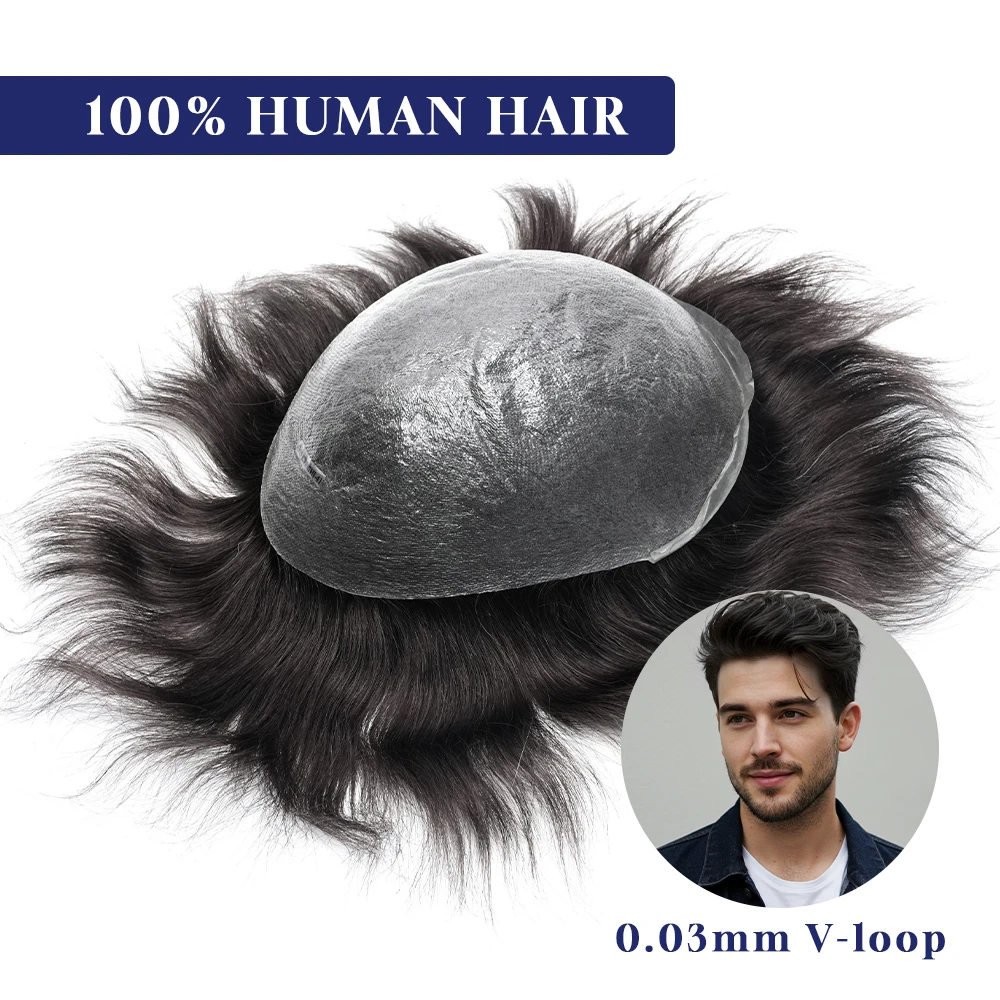 0,03mm de liquidación, peluquín de piel súper fino, bucle en V, peluquín para hombres, prótesis capilar, pieza de cabello para hombres, sistema de reemplazo de cabello