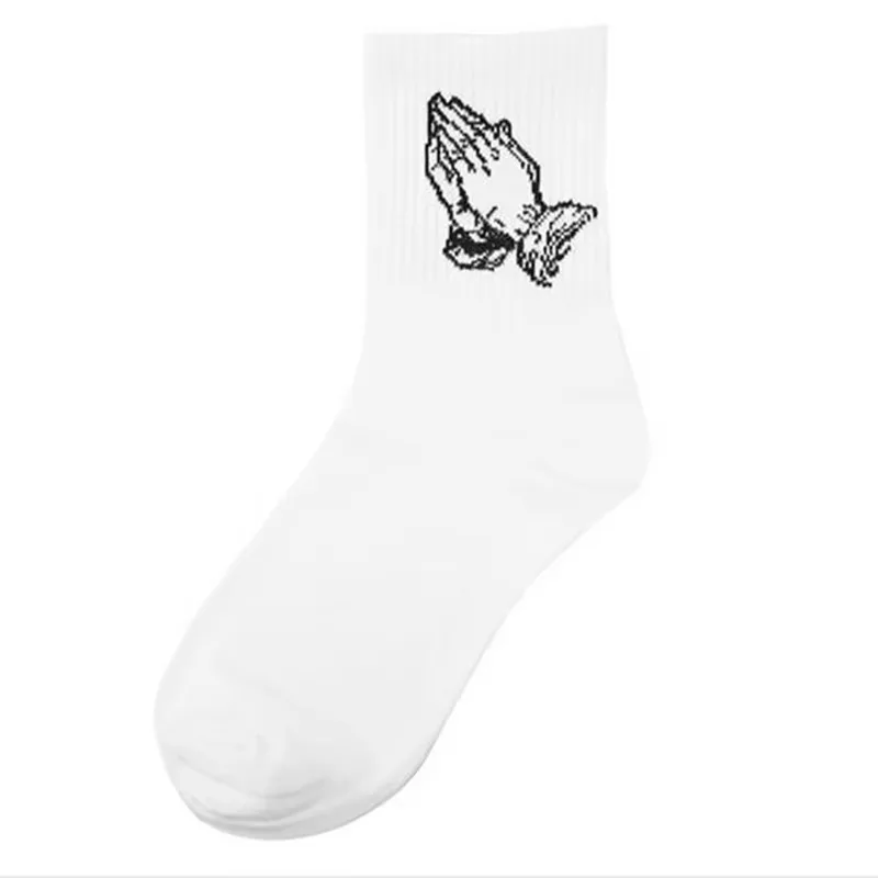Modische Skate-Baumwoll-Crew-Socken mit Gestenmuster der Jungfrau Maria für Männer und Frauen, Hip-Hop, lustige Neuheit, Weiß, Schwarz, Funky