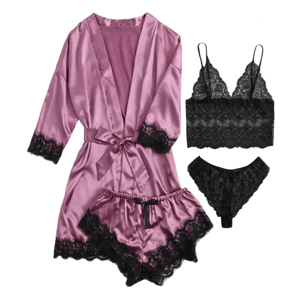 

Women Homewear Elegant Satin Pajamas Outfit Bowknot V-Neck Shorts Camisole Nightdress Loose Ice Silk Lace Sleepwear Sets Summer