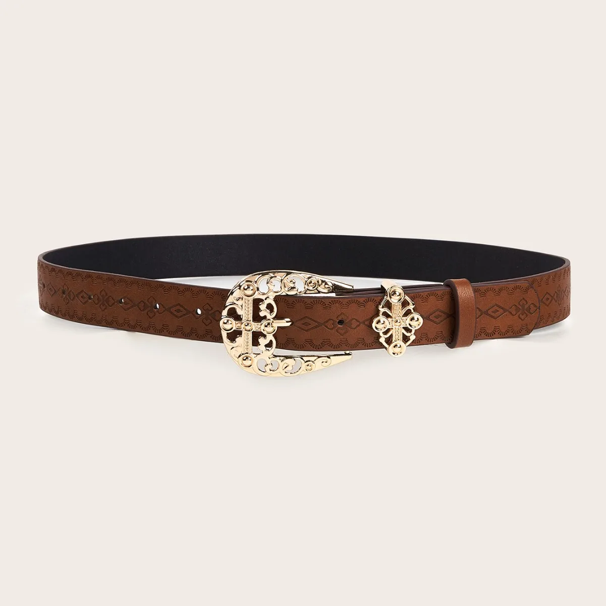 Women Western Style Hollow Out Carved Buckle Belt Flower Embossed PU Leather Waistband Unisex Jeans Pants Dress Decorate Belt