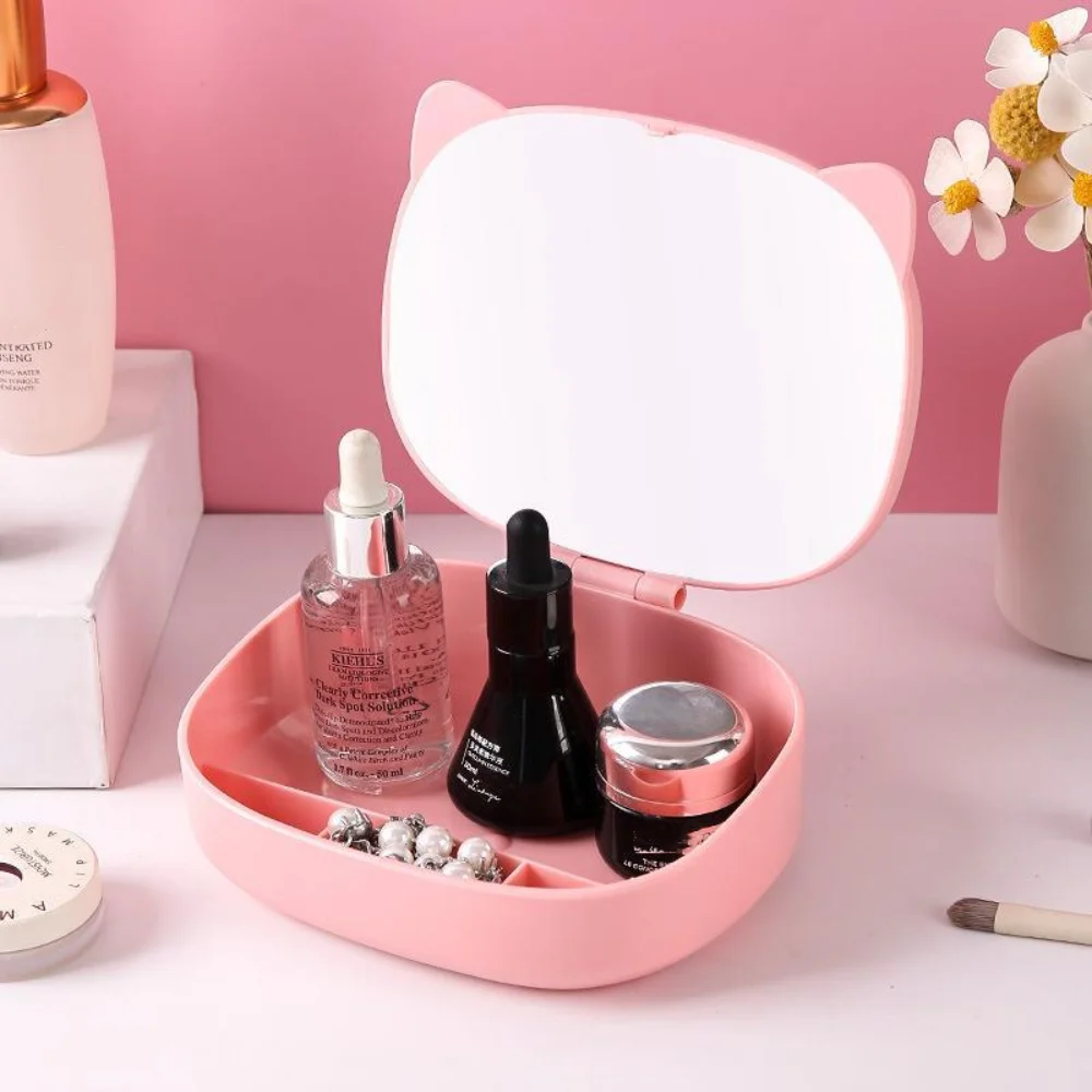 

With Storage Box Folding Storage Mirror High Definition Without Dead Corners Cat Ear Makeup Mirror Multi-compartment Storage