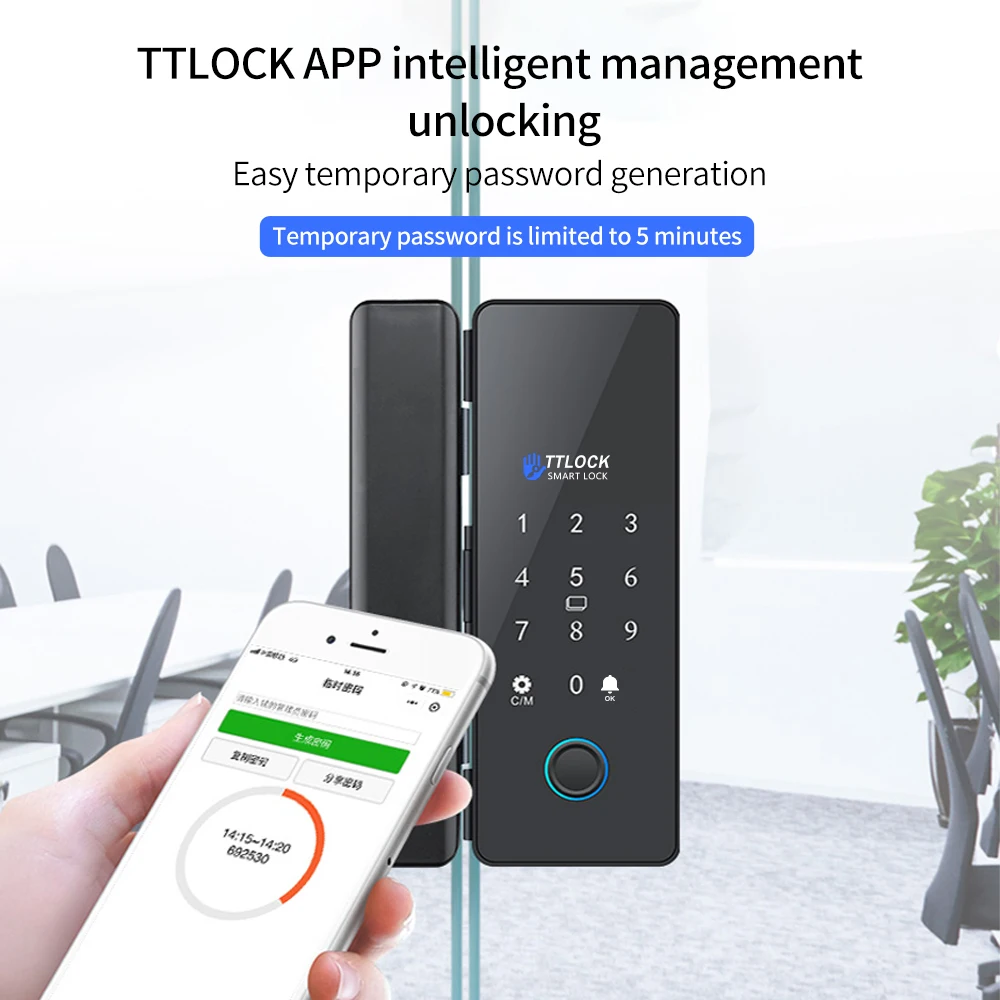 Ttlock app bloqueio de impressão digital bluetooth fechadura da porta de vidro inteligente biométrico porta de controle eletrônico 13.56m rfid desbloqueio remoto não-broca