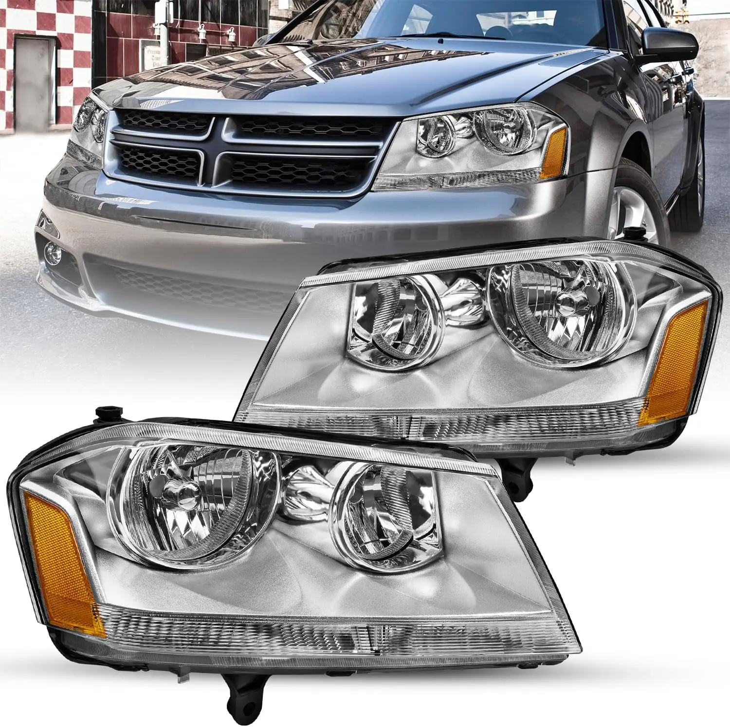 

Фара в сборе подходит для Dodge Avenger 2008-2014 годов, хромированный корпус со стороны водителя и пассажира с янтарным отражателем