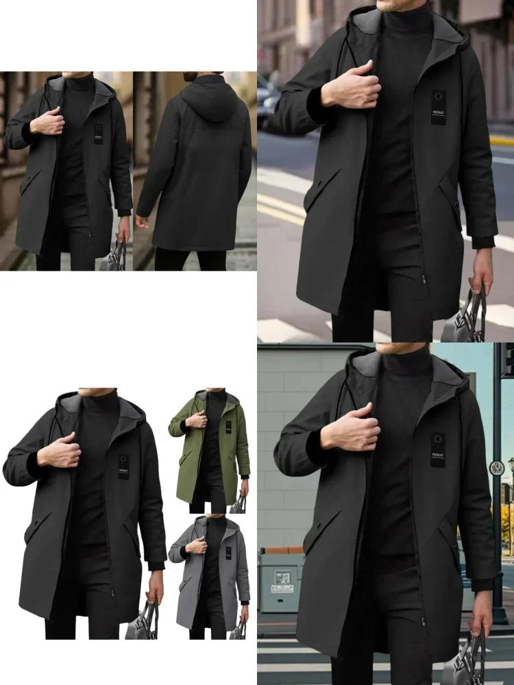 

Mens Trench Coat Classic Double Breasted with Belt Long Sleeve Hooded Windbreaker Business Outwear for Fall Winter